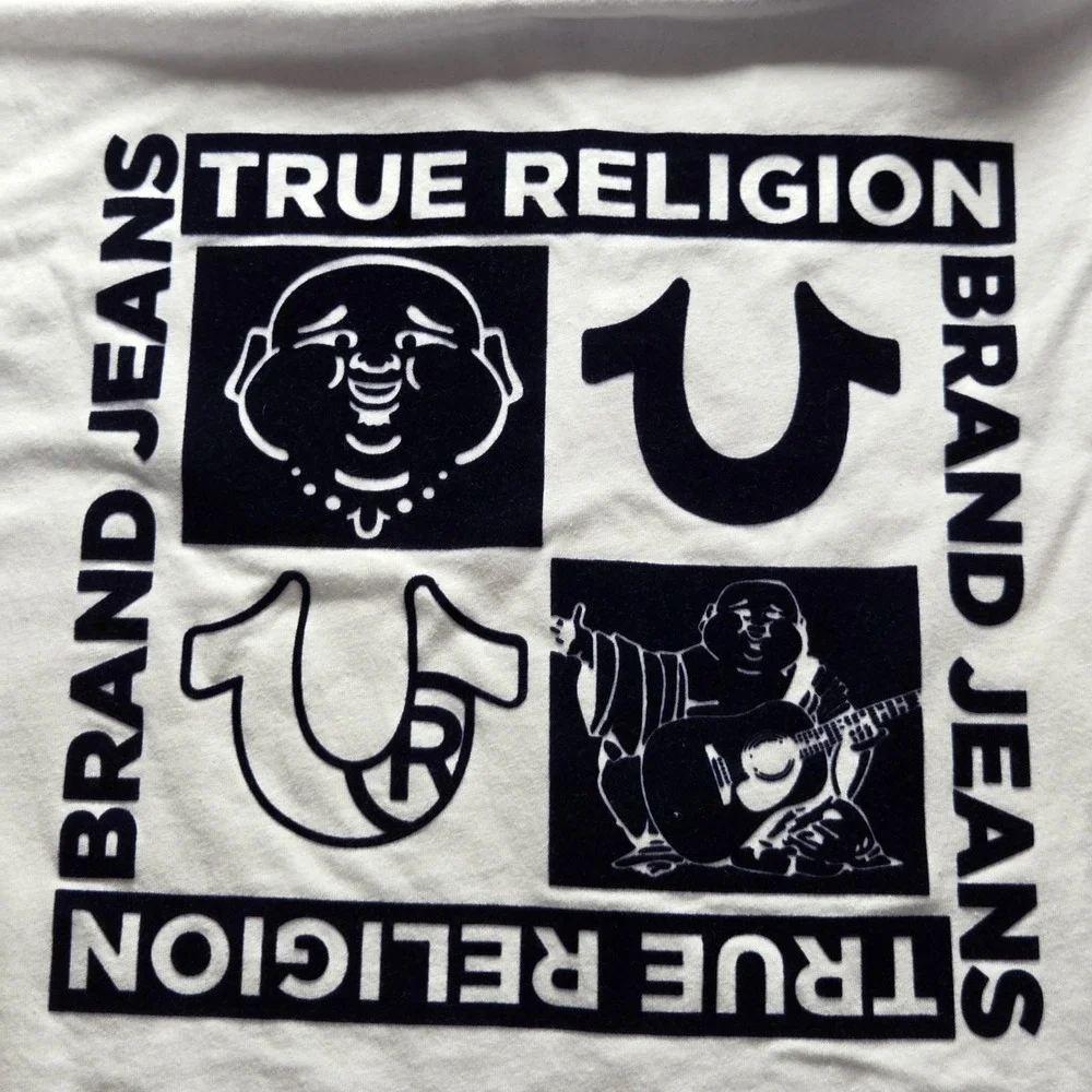 True Religion Hoodie Shirt Mens Small White Sleeveless Graphic Logo Pullover